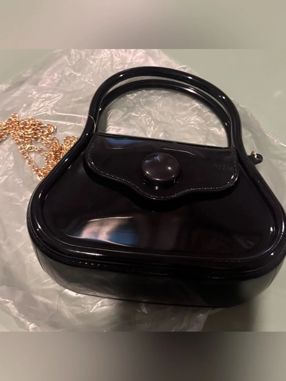 NWT‎ Girls Black Patent Mini Handbag with Gold Tone Chain Strap Wedding Party